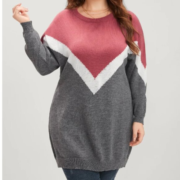 BloomChic Colorblock Contrast Pointelle Knit Round Neck Mid Long Knit Top - Picture 2 of 7